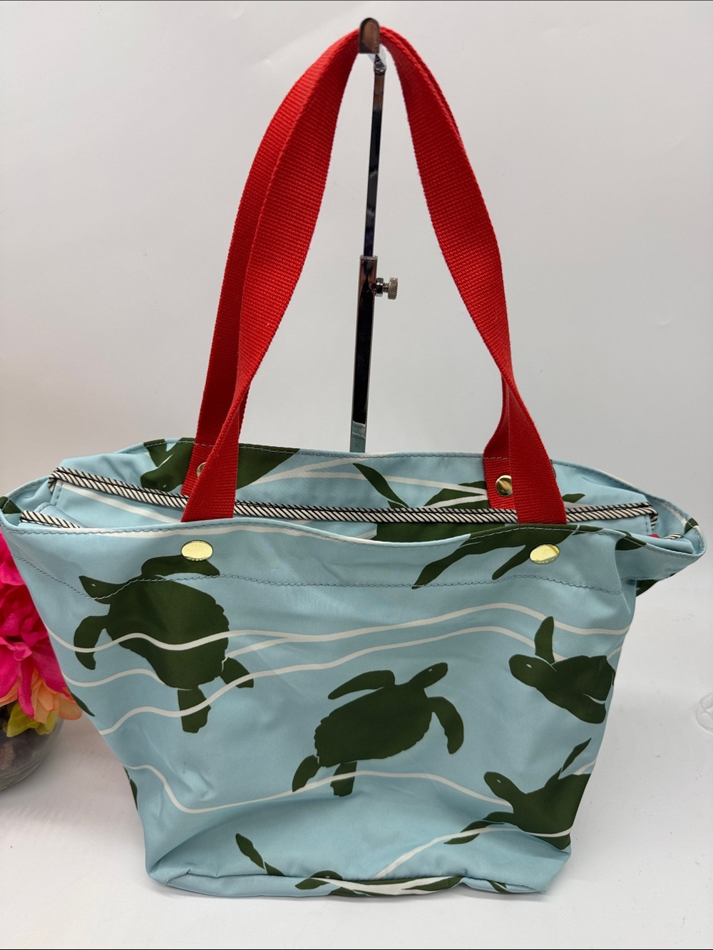 Fossil Sea Turtle Print Nylon Tote Bag with Red Handles
